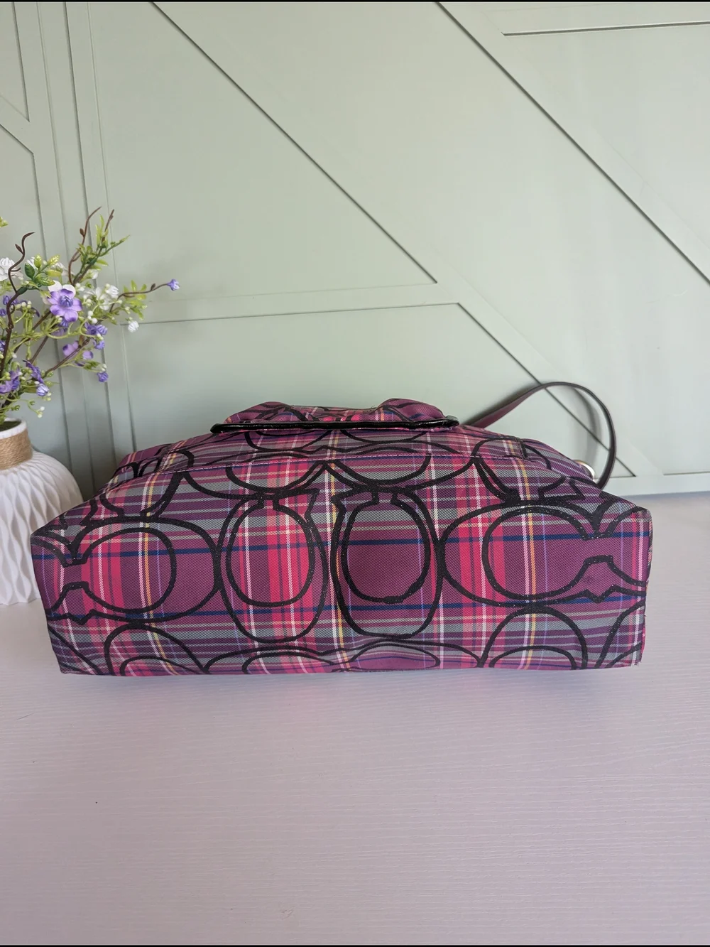 Coach Pink and Purple Plaid Signature Tote